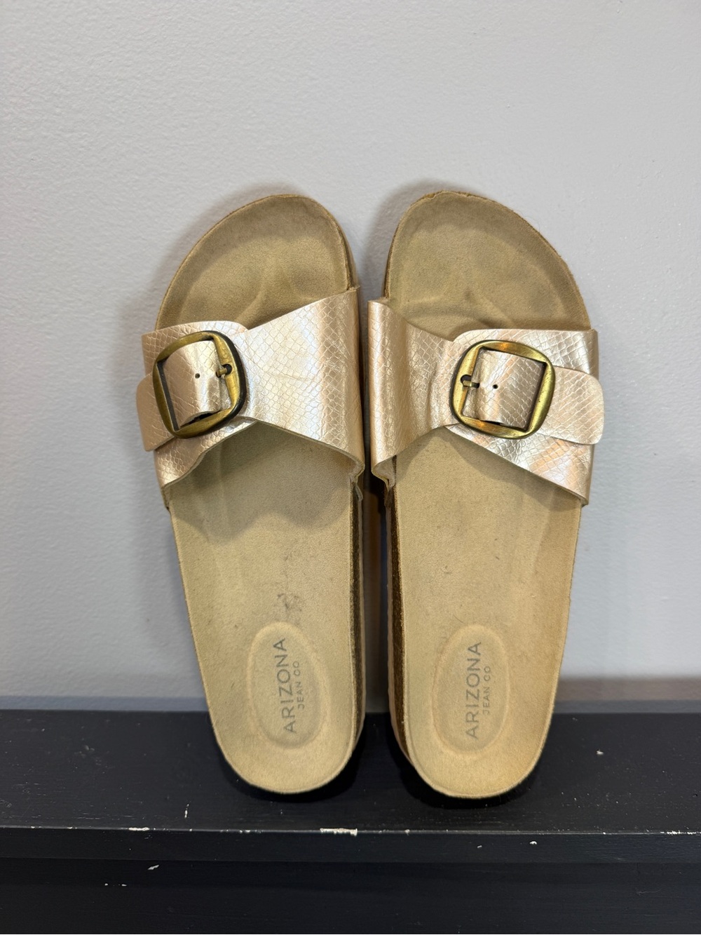 Arizona Jean Company Metallic Gold Single-Buckle Slide Sandals - Women's